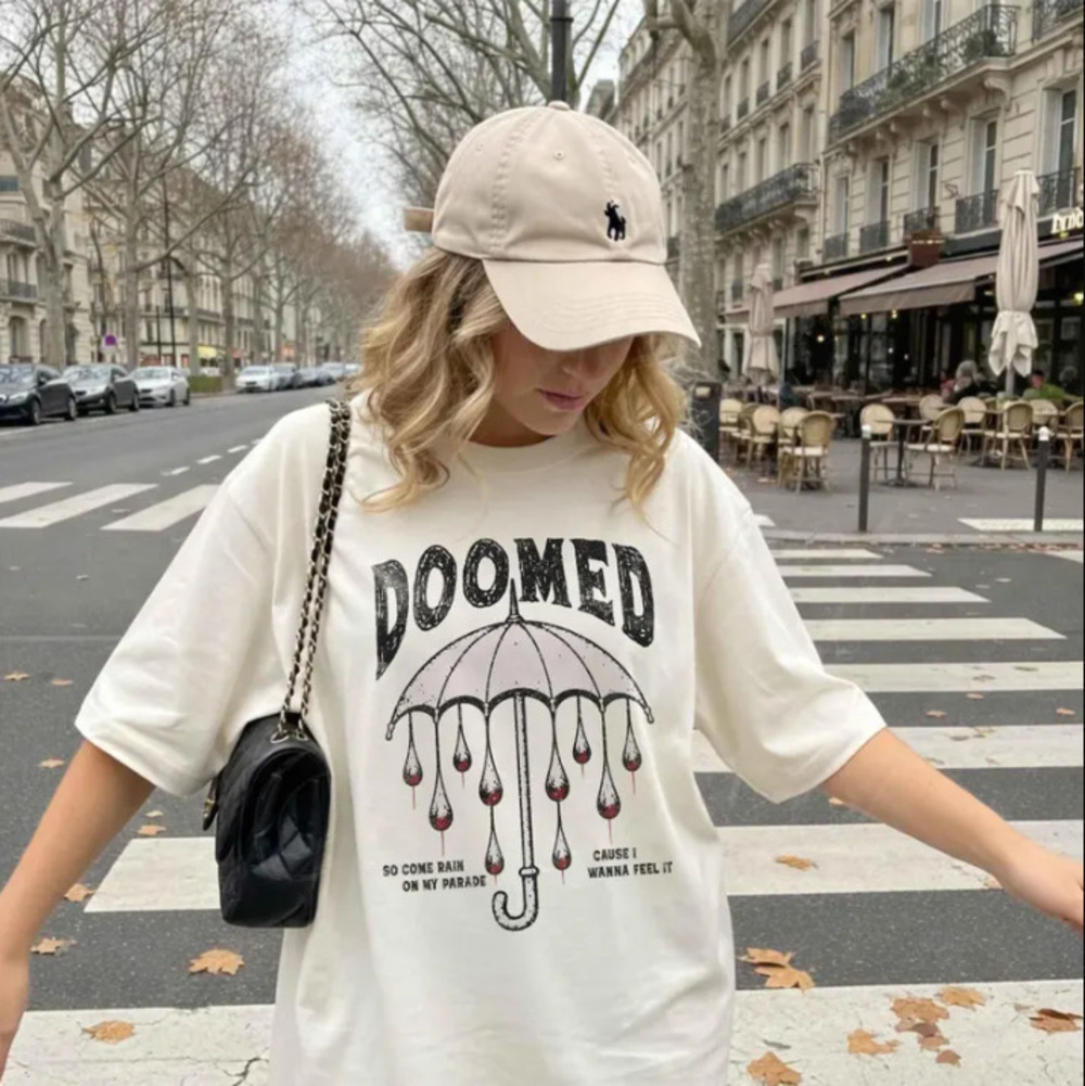 Doomed Umbrella Rain On My Parade Gothic Grunge Ivory Graphic Oversized T-Shirt